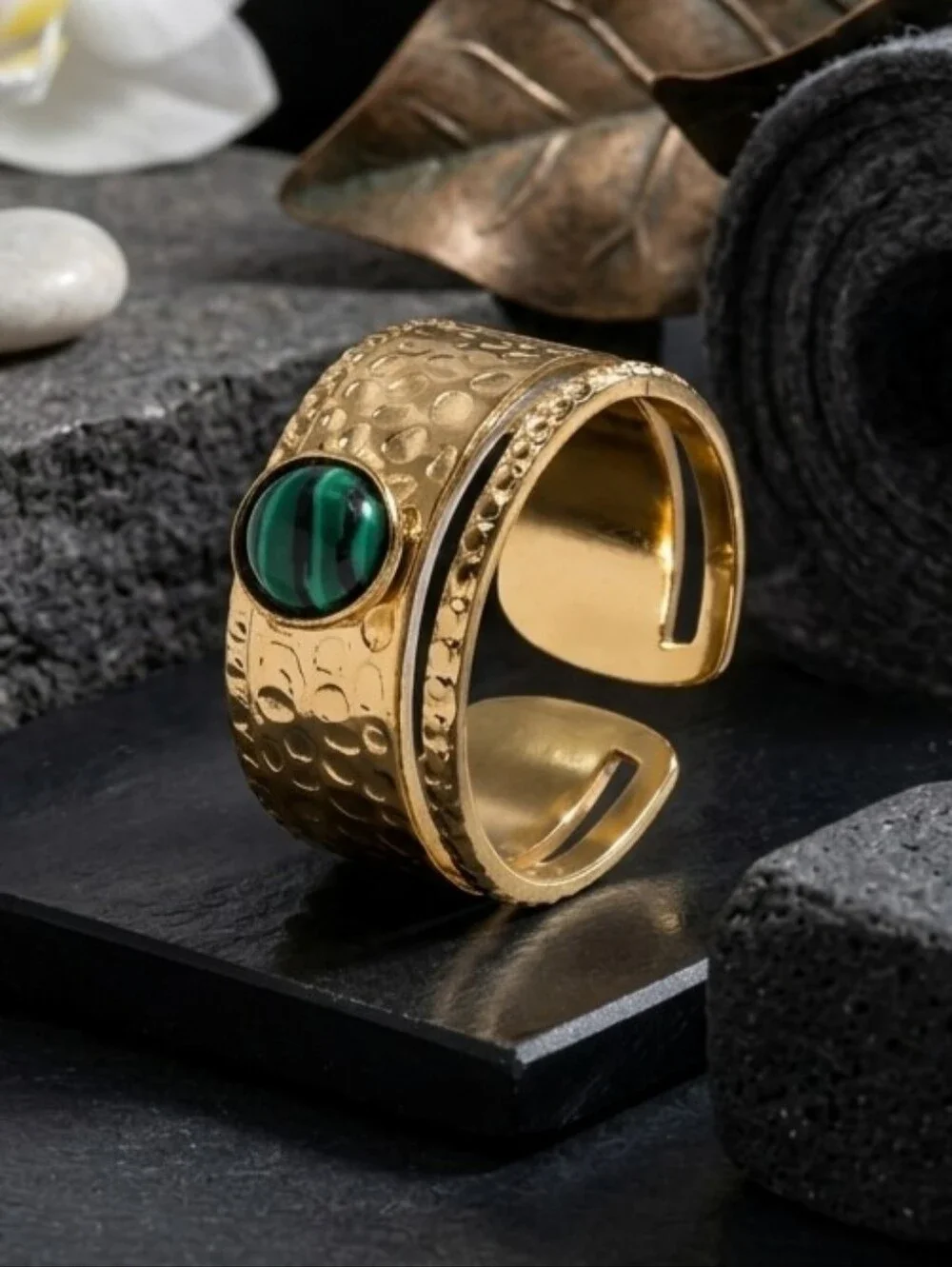 Malachite Cabochon Open Band Ring 18K Gold Plated Hammered Statement Size 7
